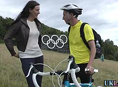 British woman in heels and stockings outdoors looks classy