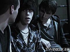 three young gays kiss passionately before intense anal pounding in hardcore scene