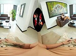 Beautiful latina babe strips slowly, revealing big tits, then intensely fucks in vr reality