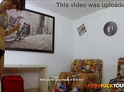 Latina yoga tour with curly redhead stretched by teacher