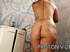 Having a shower with the chubby latina hotwife, she gives blowjob and doggystyle bareback sex.