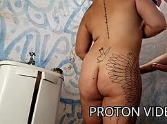 Having a shower with the chubby latina hotwife, she gives blowjob and doggystyle bareback sex.