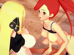 Pokemon Threesome With Flannery And Cynthia On The Beach