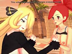 Pokemon Threesome With Flannery And Cynthia On The Beach