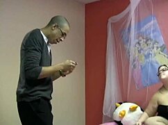 Chubby teen gives handjob to big black cock