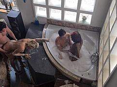 Interracial Spa Bath Orgy with Three Girls and One Lucky Guy