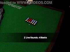 in x roulette 2, curvy girl gets blowbang and bukkake on table