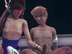 overwatch yaoi femboy d va gives steamy handjob and blowjob in anime game