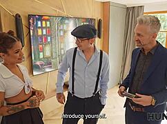 That pretty latina wife's shaved pussy is worth every penny on the sofa