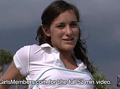 brunette dream girl flashes shaved pussy and tiny tits nude at beach