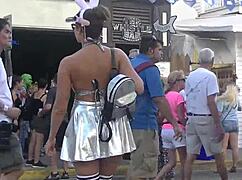 Exhibitionist wife Helena Price flashes upskirt pussy at Fantasy Fest