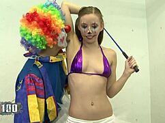 Skinny young blonde babe norah nova gets fucked by a clown with his monster cock