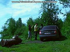 hot amateur gets drilled on car boot in public