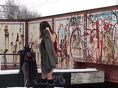 Coed nude in public university snow