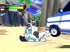 Oh so hero gay hentai with endless cumshot and hot footjob on beach