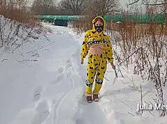 Winter Naked Flashing with Shaved Pussy in Public