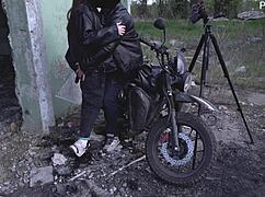 curvy russian milf gives steamy blowjob at abandoned site.