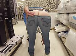 Slutty housewife flashes huge ass in staged public shopper scene
