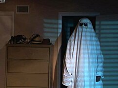 blonde girl poses nude on bed with hairy body for halloween sex