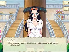 Oh wow, Nami exposes her huge tits in lusty buccaneers parody hentai at night!