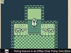 Riding around in an office chair firing twin-stick style at work.