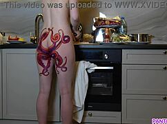naked milf with octopus ass tattoo cooks dinner and ignores your stares