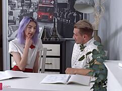 Mia Cheers - Two Hard Cocks Penetrate a Skinny Purple-Haired Teen in Doggystyle and Cowgirl MMF Action