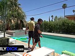 wholesome backyard pool party turning into fun by the pool