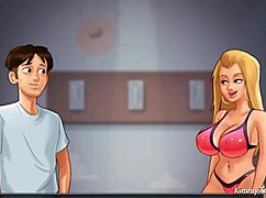 in summertime saga, the blond cheerleader gets fucked on the beach by a huge dick player 😈