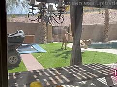 Stepmom caught skinny dipping, bent over by blonde cougar for wild cum