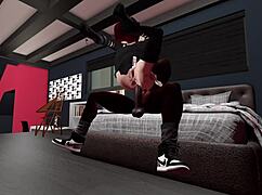 in second life, the black man fucks the redhead white woman and they shower together.