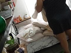 curvy mexican milf caught on hidden cam cleaning her room in part 1. voyeur thrill awaits!