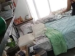 curvy mexican milf caught on hidden cam cleaning her room in part 1. voyeur thrill awaits!