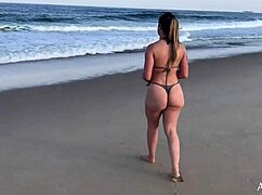 blonde girl bent over on the beach, gaping ass in doggystyle sex with her fan, what do you think?