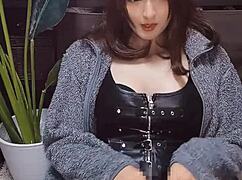 Cute cat-eared shemale jerks off persistently in solo japanese video with anal focus