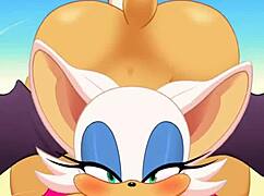 Rouge sucks cock and swallows cum while getting ass fucked.