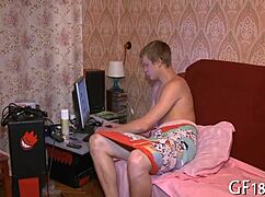 boy sits and stares while his teen girlfriend fucks passionately with small tits