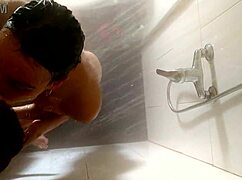 i'm in the shower getting a blowjob and doggystyle with big cock, recorded from ceiling