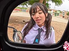 peruvian picks up slutty schoolgirl for outdoor blowjob in mototaxi