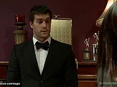 In the grand manor, a butler dominates a busty babe in tight bondage, forcing her into rough gagging and deepthroat slavery with hardcore fetish intensity.