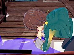 konosuba yaoi shows kazuma sucking with cum dripping in hot anime