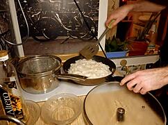 Naked Gay Chef Prepares Rice Noodle with Chicken and Vegetables in Kitchen