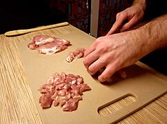 Naked Gay Chef Prepares Rice Noodle with Chicken and Vegetables in Kitchen