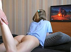 I Play with Stepsister's Tight Pussy While She Plays Console