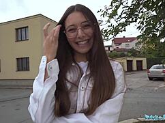 public agent brunette risks blowjob at indoor pool