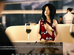 Footjob in a restaurant with sexy 3D cartoon outfit—damn, so hot! 😘