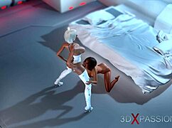 In the space station, the dickgirl android fucks the hot woman in cowgirl position