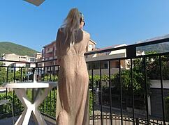 nude on a public balcony, wanna flash my wet boobs overlooking the road?
