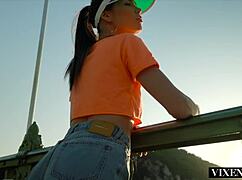 Yo, this Vixenplus college brunette takes a mega-cock deep in her ass!