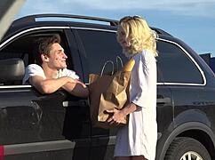 Skinny Blonde Teen Fucks Driver on Desk with Tattooed Body